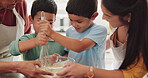 Grandmother, kids learning or mom baking in kitchen as a happy family with support for cooking recipe. Cake, child development or happy grandma smiling or teaching children siblings mixing in bowl