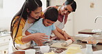 Grandmother, child learning or mom baking in kitchen as a happy family with support for cooking recipe. Cake, growth development or happy grandma smiling or teaching kid with rolling pin or parents