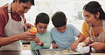 Grandmother, mother and boys baking cookies in kitchen, learn baker skill and bond at family home. Dessert, help an children with women, teaching kids to bake and decorate biscuits with sweet snack