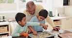 Grandfather, grandchildren and baking cookies in kitchen, learn baker skill and bonding at family home. Dessert, help and boy children with old man, teaching kids to bake and decorate biscuits