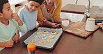 Cookies, mom or children baking in kitchen as a happy family with siblings learning cooking recipe. Cake, crack or happy mother smiling, helping or teaching young kids child development skills 