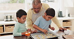 Grandfather, grandkids and baking cookies in kitchen, learn baker skill and bonding at family home. Dessert, help and boy children with old man, teaching kids to bake and decoration with sweet snack