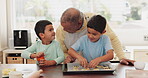 Grandfather, talking or children baking in kitchen as a happy family with siblings learning cooking recipe. Cookies, child development or elderly grandparent teaching kids or helping with biscuits