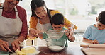 Mother, grandmother and children in kitchen, baking and sifting flour with bakery skill and prepare cookies or cake. People in family home, bonding and learning to bake with help and bonding