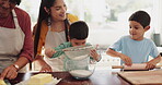 Grandma, happy mother or children baking in kitchen as a family with boys or siblings learning cooking recipe. Cake, child development or senior granny smiling or teaching kids with flour or pin 