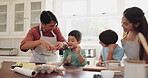 Grandmother, mom or excited children baking in kitchen as a happy family with siblings learning cooking recipe. Cake, child development or happy grandma smiling or teaching kids with eggs or parents