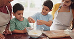 Grandmother, eggs or happy kids baking with mom in kitchen learning cooking recipe in family home. Siblings, development or senior grandma helping or teaching children with flour bowl for cookies