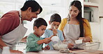 Grandma, mixing or children baking with mom in kitchen learning cooking recipe in family home. Siblings, development or happy grandmother helping or teaching children with flour bowl for cookies