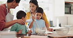 Grandma, teamwork or children baking with mom in kitchen learning cooking recipe in family home. Siblings, development or happy grandmother helping or teaching children mixing flour bowl for cookies