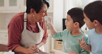 Happy, grandmother or children baking in kitchen with siblings learning cooking recipe in family home. Cake, excited or proud grandma smiling, helping or teaching young kids for skills development