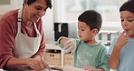 Bake, grandmother teaching or children in kitchen with siblings learning cooking recipe in family home. Cake, education or happy grandma smiling or helping young kids for skills development together