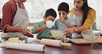 Grandma, family or kids baking with mom in kitchen learning cooking recipe at home for skills development. Support, teamwork or grandmother helping or teaching children mixing flour bowl for cookies 