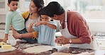 Baking, family and kitchen teamwork with kids and parents cooking cookies at home with food. Support, care and children with mom and dad together with teaching and helping in a house with support