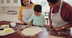 Family, kid and baker with tools or dough for learning on kitchen counter with support. Child, flour and cookies with help or mother with grandparent for teaching with skill for food for bond.