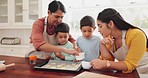 Baking, family and learning with kids and parent cooking cookies at home with food. Support, care and children with mom and teamwork together with teaching and helping in house with support and smile