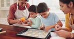 Baking, family and senior woman with kids and parent cooking cookies at home with food. Support, care and children with mom and teamwork together with teaching and helping in a house with support