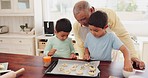 Grandfather baking cookies with his grandchildren in the kitchen for sweet treats, dessert or snack. Bonding, ingredients and senior man teaching boy kids to make biscuits with recipe in family home.