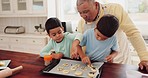 Baking, cookies and grandfather with kids in the kitchen making sweet treats, dessert or snack together. Equipment, ingredients and senior man teaching his grandchildren to make biscuits with recipe.