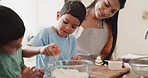 Baking, kids learning and mix food ingredients in a home with parent for cooking in kitchen. Eggs, helping and flour for youth learning in a house with support and care from family together with love