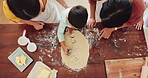 Bake, kid and top view with hands or parent on kitchen counter with support or tools. Learning, child and mother or woman with cookies in home with flour for development with support or shape.