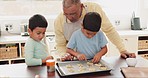 Cookies, home and grandfather baking with kids for sweet treats, dessert or snack in the kitchen. Equipment, ingredients and senior man teaching grandchildren cooking with dough for biscuits at house