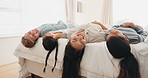 Happy family, bed and children playing in a bedroom with mother and father as bonding with happiness together. Parents, funny and kids with love or care for mom and dad in the morning at home