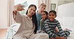 Funny, selfie and family in home bedroom, bonding or laughing together. Profile picture, happy and parents with kids, interracial mother and father smile to take photo for social media after adoption