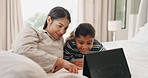 Happy, tablet and mother with daughter in bedroom for streaming, website and social media. Relax, elearning and technology with woman and child in family home for games, internet and communication