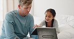 Happy, tablet and father with daughter in bedroom for streaming, website and social media. Relax, elearning and technology with man and child in family home for games, internet and communication