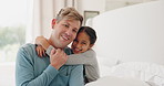 Face of father, child and hug in bedroom, bonding and care in foster home. Funny, dad and embrace girl in portrait, laughing for adoption and smile for happy family time together on bed in house.