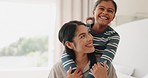 Mother, girl and hug on kids bed with a smile at home in the morning with family love and care. Mom, young child and happy in a bedroom with support of a kid with youth and fun together in a house 