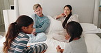 Relax, support and morning with family in bedroom for wake up, happy and playful. Happiness, peace and love with parents and children in bed at home for free time, conversation and bonding