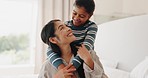 Mother, girl and hug on bed with a smile at home in the morning with family love and care. Mom, young child and happy in a bedroom with support of a kid with youth and fun together in a house 