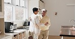 Kitchen, happy and elderly couple slow dancing, wellness and enjoy retirement, quality time or waltz in Costa Rica home. Music, romantic bond and senior partner, old man or people with love song