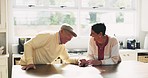 Laughing, kitchen and senior couple in conversation, talking and funny discussion at home. Marriage, retirement and happy elderly man and woman flirting for bonding, quality time and love in morning