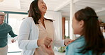 Kids, parents and grandparents in the living room to dance as a family during a visit in a home. Mom, dad and children bonding with senior people while listening to music and having fun together