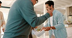 Children, parents and grandparents in the living room to dance as a family during a visit in a home. Mom, dad and kids bonding with senior people while listening to music and having fun together