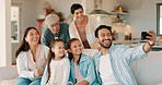 Big family, children and selfie on couch in home living room with grandparents, mom and dad with smile together. Men, women and kids in house with love, care or bonding for post on social network app