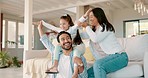 Girl, father and plane in family home, living room and game with mother, playing or happy together on sofa. Parents, kid and airplane with fantasy, care or bonding in lounge, house or laugh with love