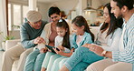 Relax, tablet and streaming with big family on sofa for happy, social media or website. Internet, app and subscription with parents and children in living room at home for online, love and technology