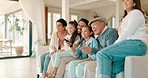 Happy, big family and watching tv on sofa together in living room, men and women with kids in home. Movies, bonding and grandparents, parents and children on couch to get watch video on television.