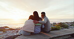 Love, hug and travel with family at beach for relax, embrace and seaside adventure. Happiness, support and happy with back of parents and child in nature for vacation, sunset and freedom