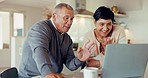 Happy, couple and video call on laptop in home with voip communication, digital connection and chat. Senior man, woman and wave hello on computer for virtual conversation, online contact and webcam