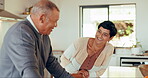 Conversation, happy and senior couple in kitchen for bonding in home on weekend. Love, care and elderly man or woman for quality time with smile or talking in house to relax with laughing together.