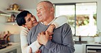 Love, elderly couple and hug in home, smile and bonding together for romance. Happy, senior man and woman embrace, talking and enjoying time in retirement with care, affection or support for trust.