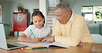 Girl kid, grandfather and book for education, focus and studying for development in home school. Child student, senior man and point at notebook with mindset, writing and help for assessment at desk