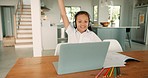 Girl, laptop and hand raised for education with headphones, excited and questions in virtual classroom. Child student, computer and audio tech for e-learning, mindset and talk in video call at house