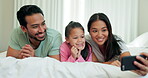 Family, morning and happy in bed for a selfie at home for memory, quality time and bonding. A man, woman and girl child in a bedroom together for a profile picture or to relax with mom and dad