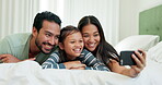 Father, mother and child for a selfie in bed at a family home for happiness, quality time and memory. A happy man, woman and girl kid in a bedroom together for a profile picture with love and care