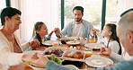 Praying, religion and big family at a lunch together at the table in the dining room of their home. Selfie, cheers and sequence of children eating meal with their grandparents and parents at a house.